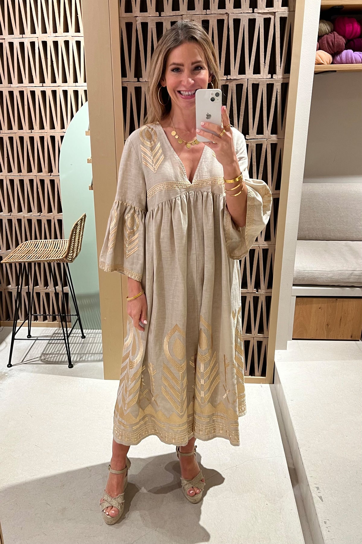 MIDI LINEN DRESS "FEATHER" BEIGE/GOLD