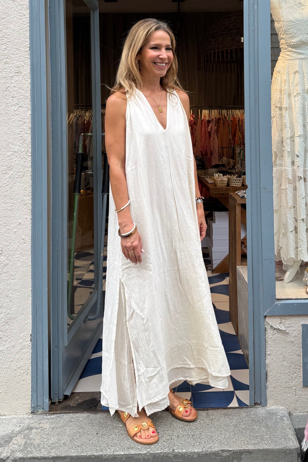 LONG SLEEVELESS MUSSELINE DRESS "SYMI" NATURAL