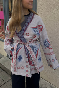 WOVEN COTTON KIMONO JACKET "YSIA" LIGHT BLUE/RED