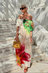 LONG OFF SHOULDER DRESS "BLOSSOM" ECRU/GREEN/FUCHSIA