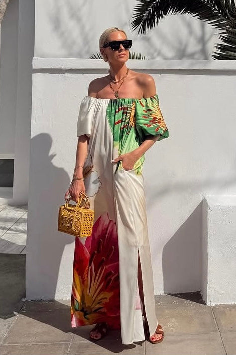 LONG OFF SHOULDER DRESS "BLOSSOM" ECRU/GREEN/FUCHSIA