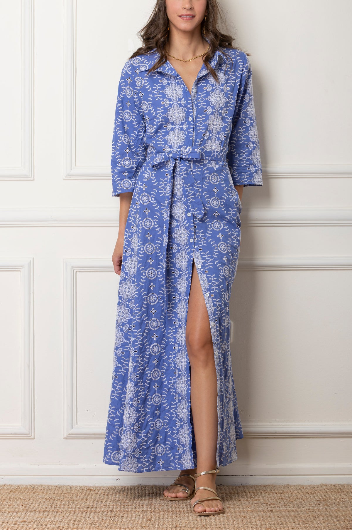 LONG EMBROIDERED COTTON DRESS "ISMINI" BLUE