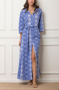 LONG EMBROIDERED COTTON DRESS "ISMINI" BLUE