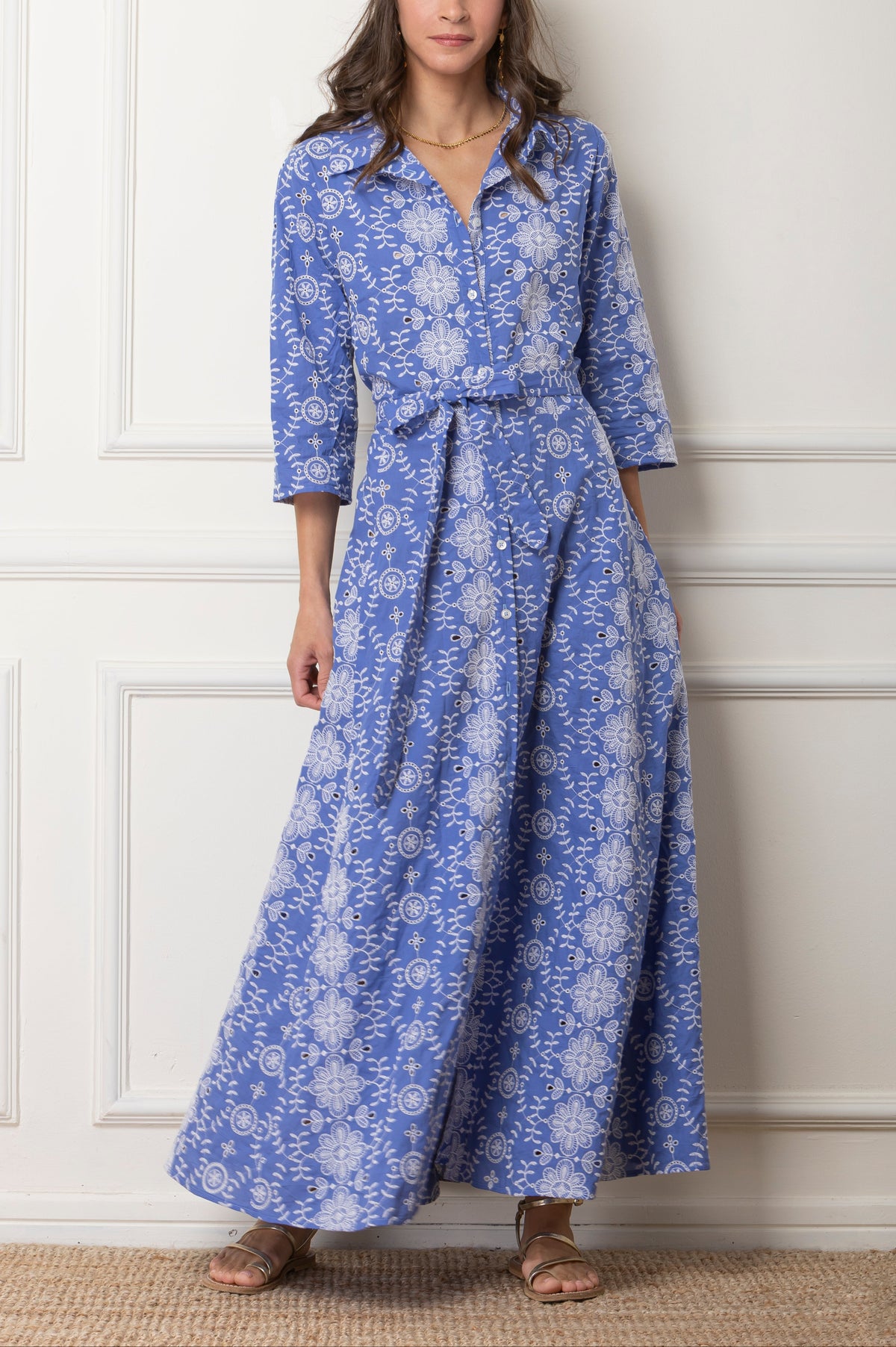 LONG EMBROIDERED COTTON DRESS "ISMINI" BLUE