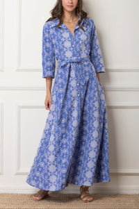 LONG EMBROIDERED COTTON DRESS "ISMINI" BLUE