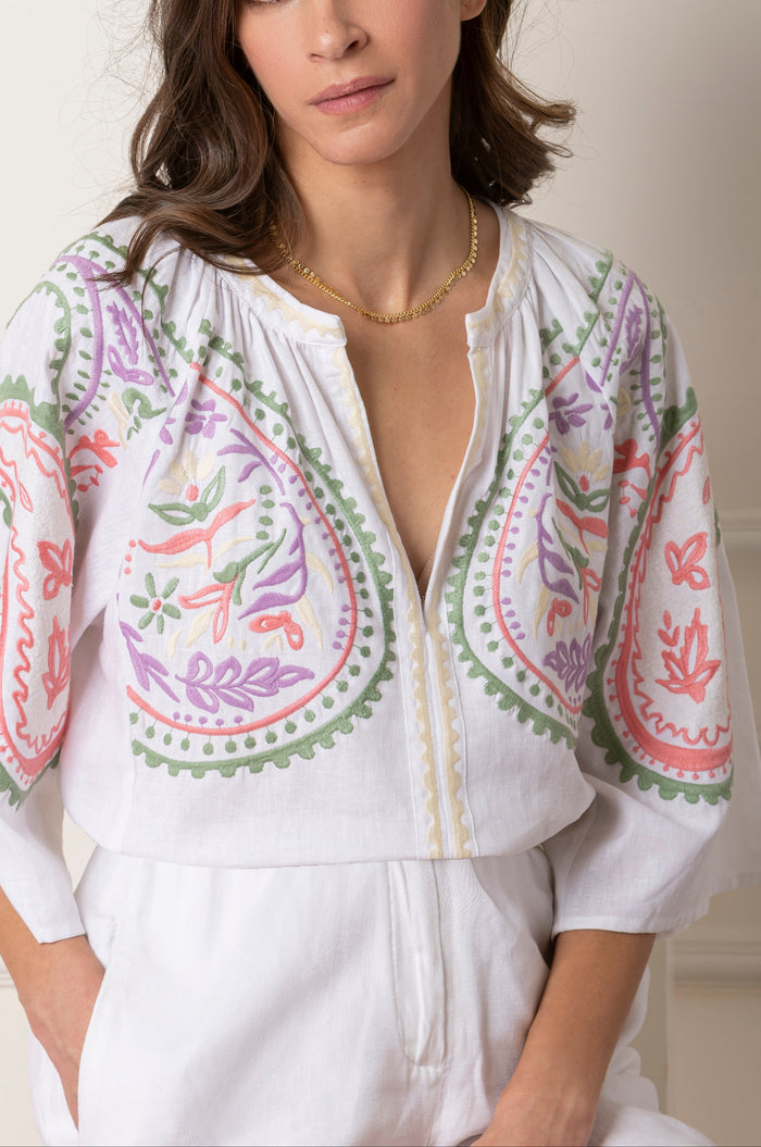 EMBROIDERED LINEN BLOUSE "ARETI" WHITE/MULITCOLOR
