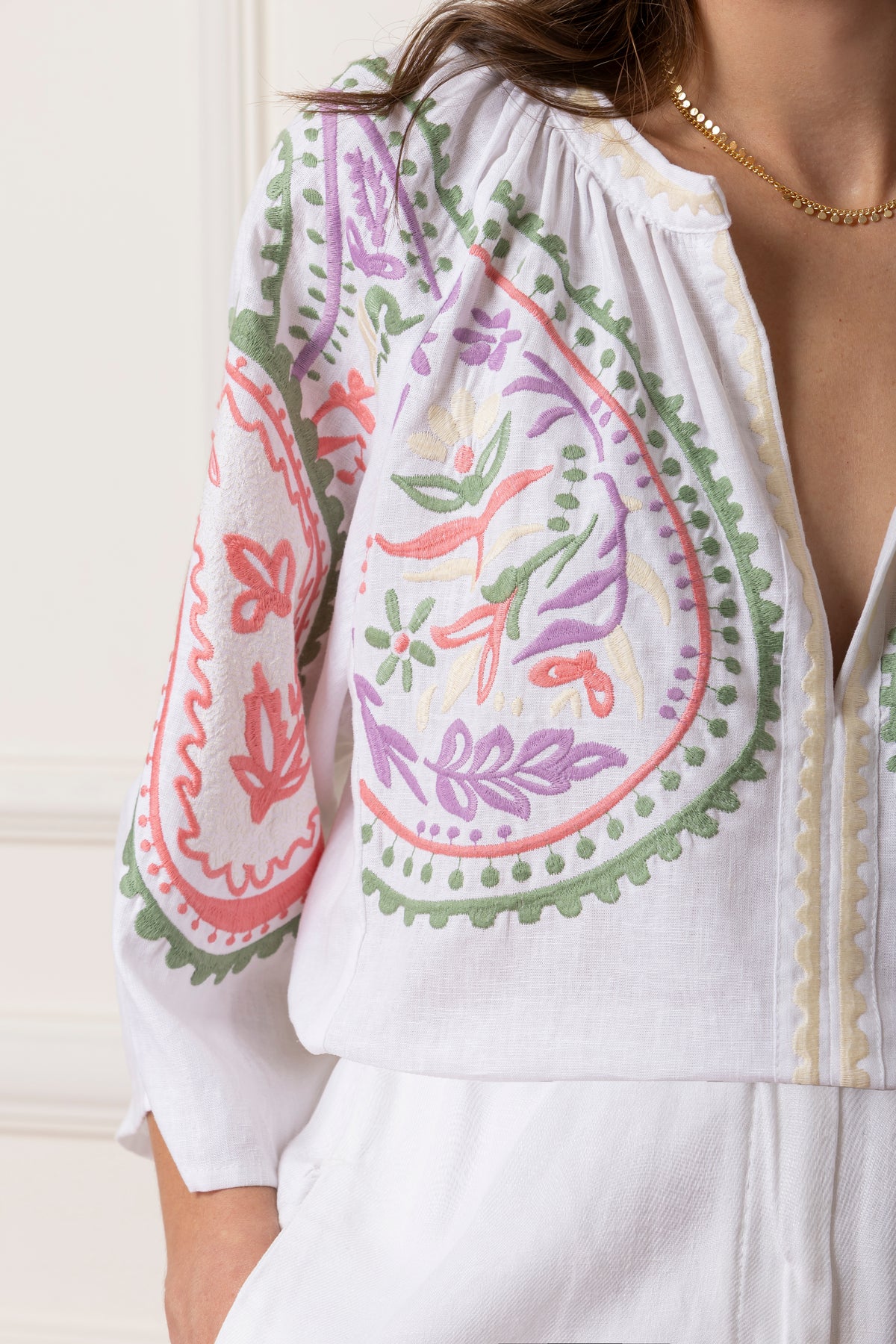 EMBROIDERED LINEN BLOUSE "ARETI" WHITE/MULITCOLOR