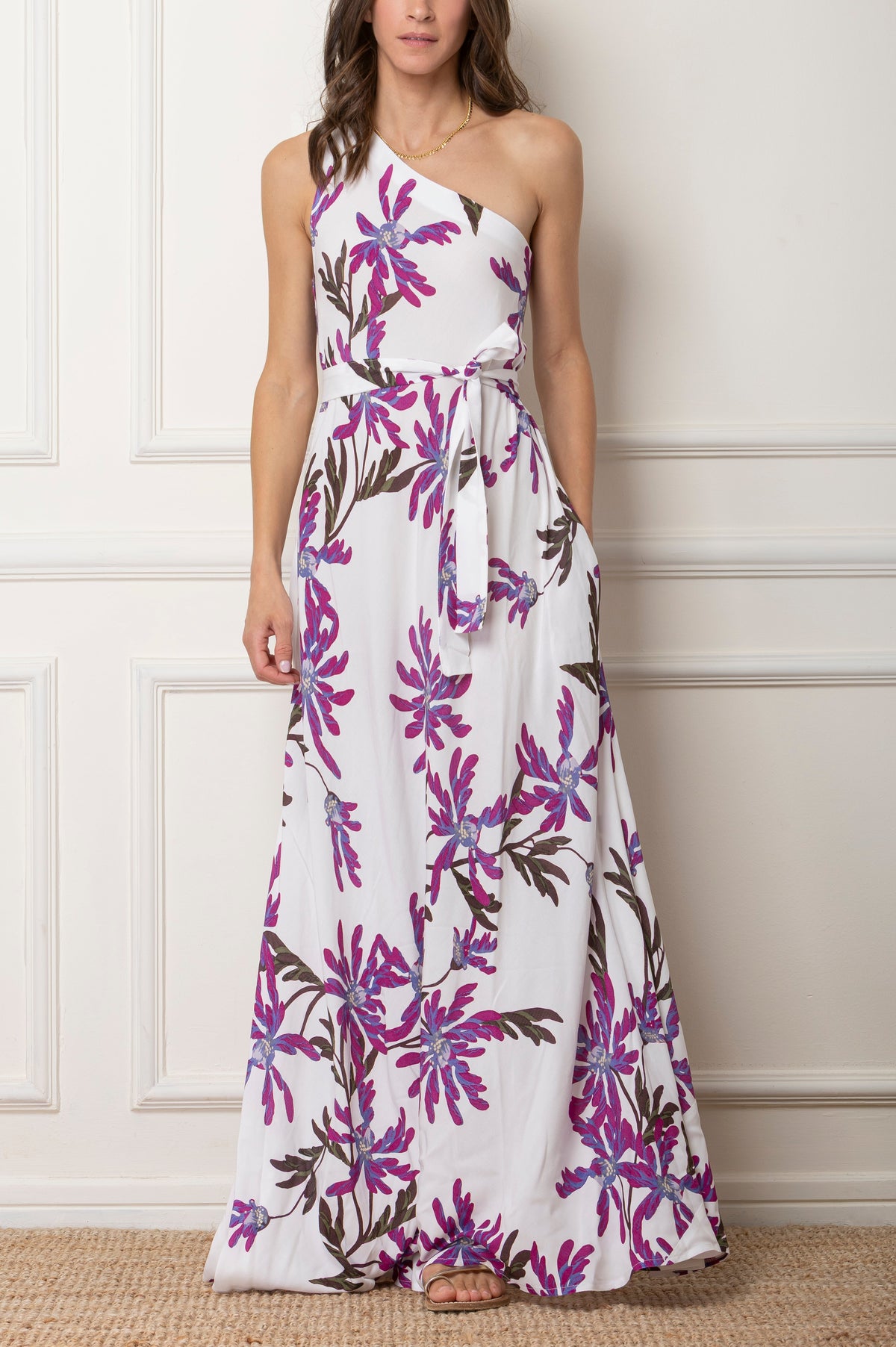 LONG ONE-SHOULDER VISCOSE DRESS "DIANE" WHITE/PURPLE