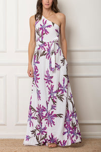 LONG ONE-SHOULDER VISCOSE DRESS "DIANE" WHITE/PURPLE