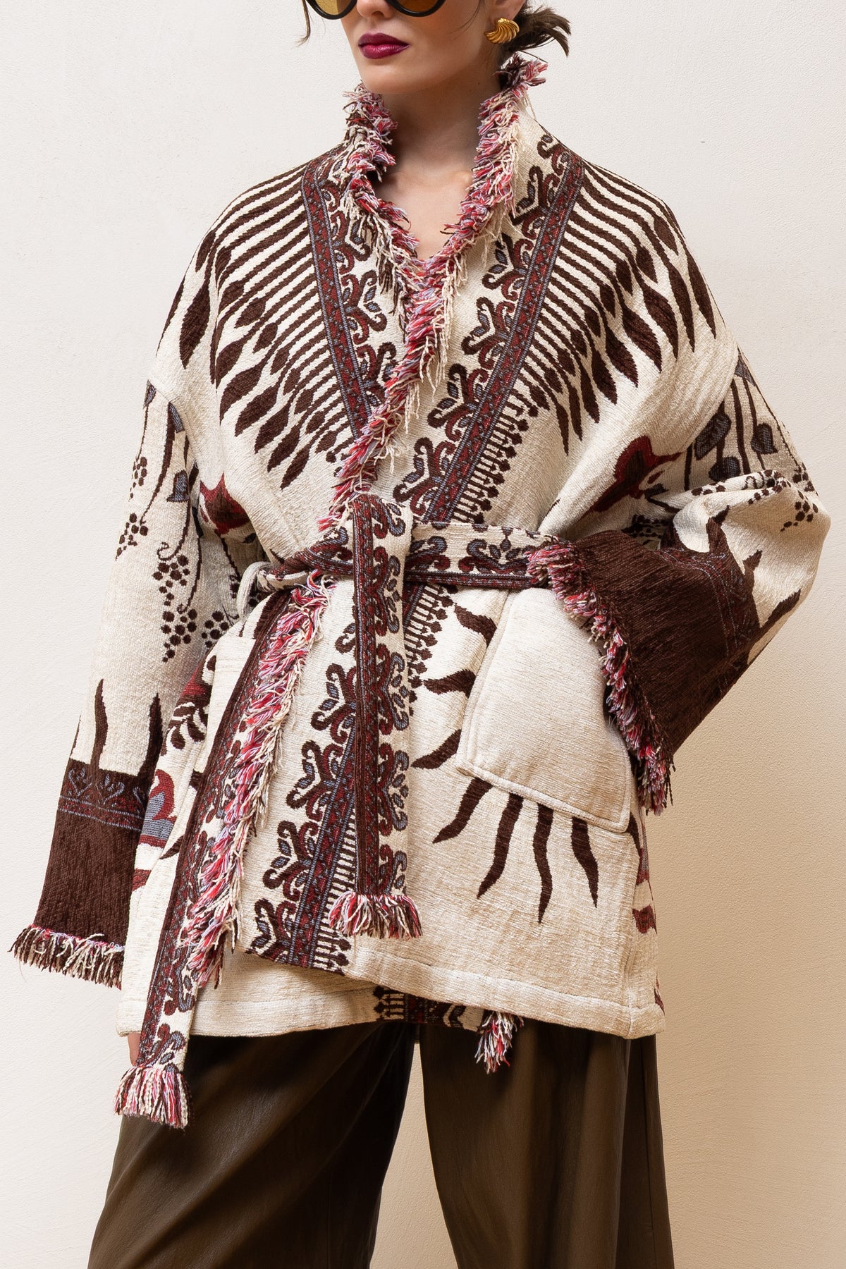 JACQUARD KIMONO JACKET "GAIA" ECRU/BROWN/RED