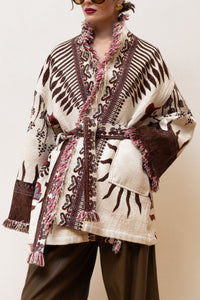 JACQUARD KIMONO JACKET "GAIA" ECRU/BROWN/RED