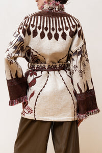 JACQUARD KIMONO JACKET "GAIA" ECRU/BROWN/RED