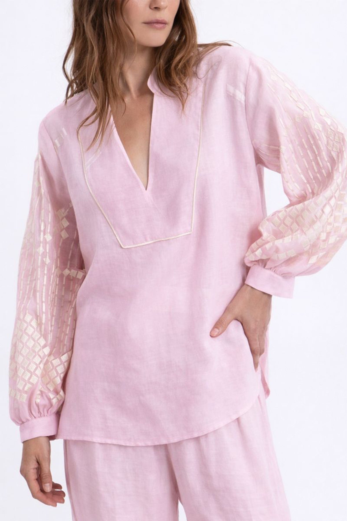 EMBROIDERED RAMIE BLOUSE "GRAPES" PINK/CHAMPAGNE