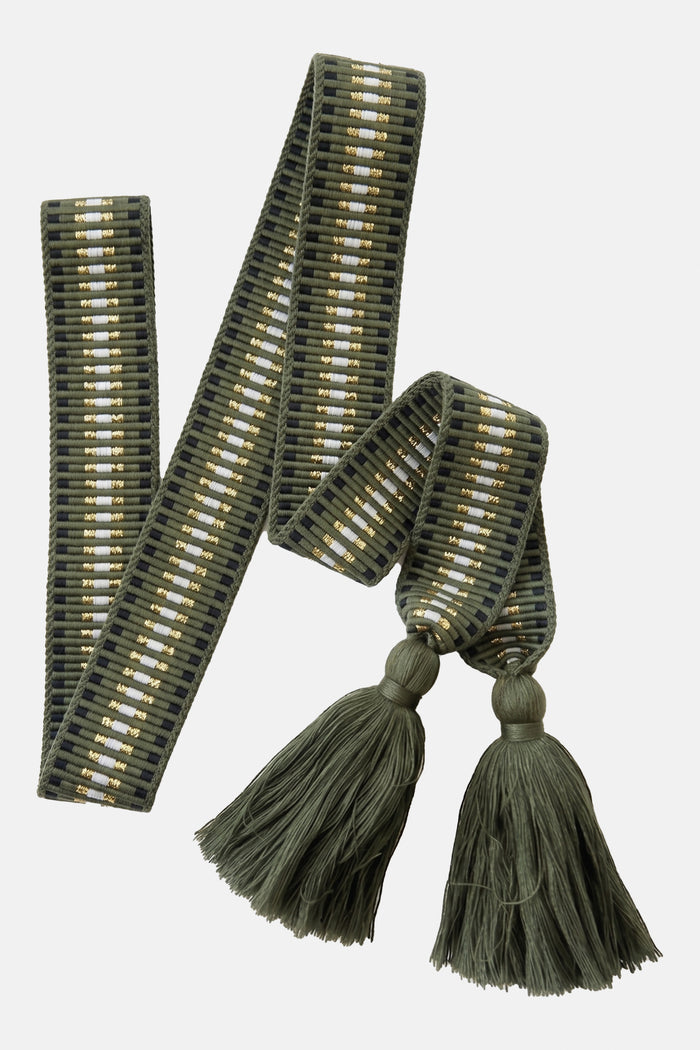 WOVEN BELT WITH TASSELS "GRAPHIC" KHAKI/ECRU/GOLD