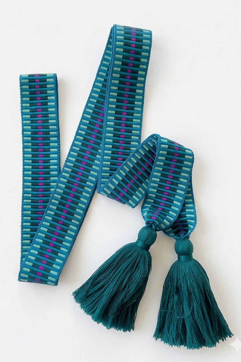WOVEN BELT WITH TASSELS "GRAPHIC" PETROL/MINT/FUCHSIA