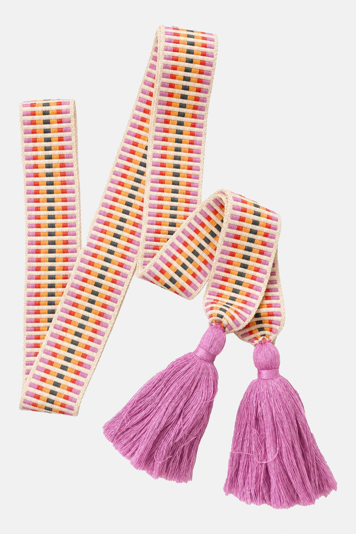 WOVEN BELT WITH TASSELS "GRAPHIC" LILAC/RED/MUSTARD