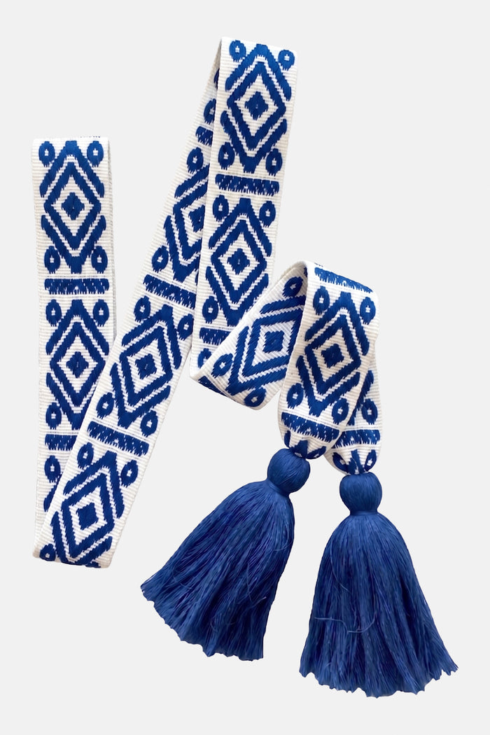 WOVEN BELT WITH TASSELS "AZTEK" ECRU/OCEAN BLUE