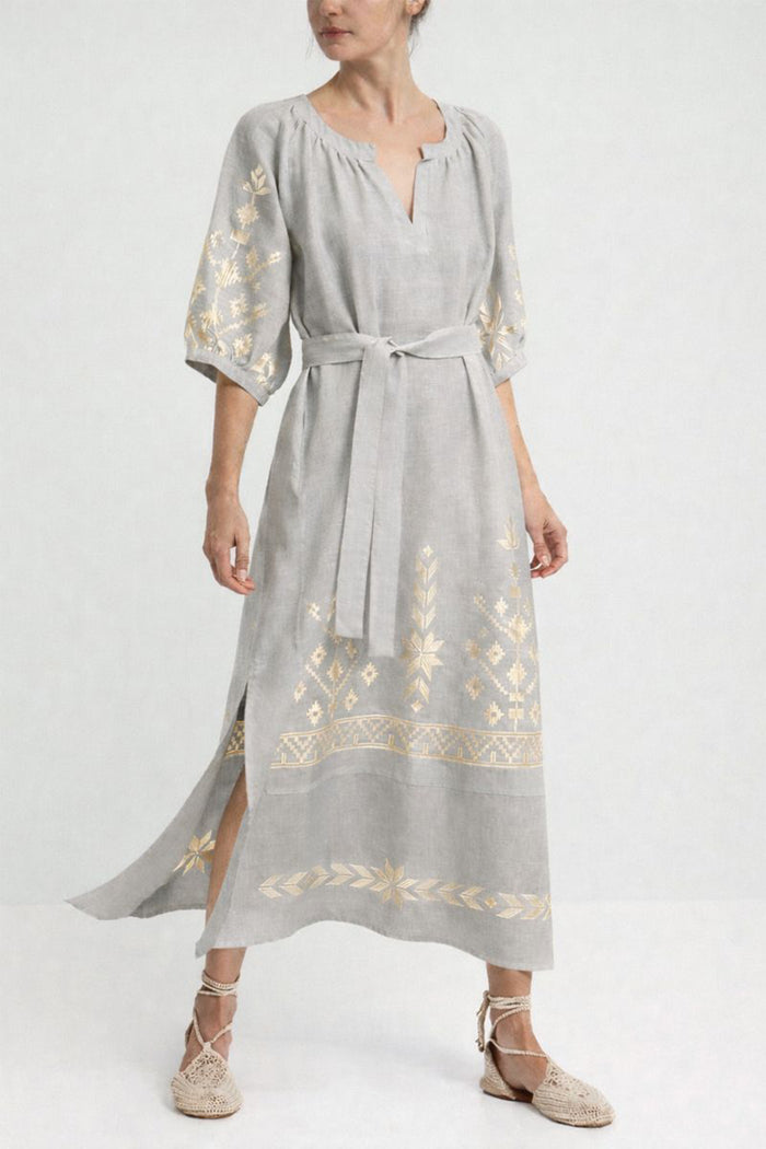 MIDI LINEN DRESS "IOS" LIGHT GREY/CHAMPAGNE