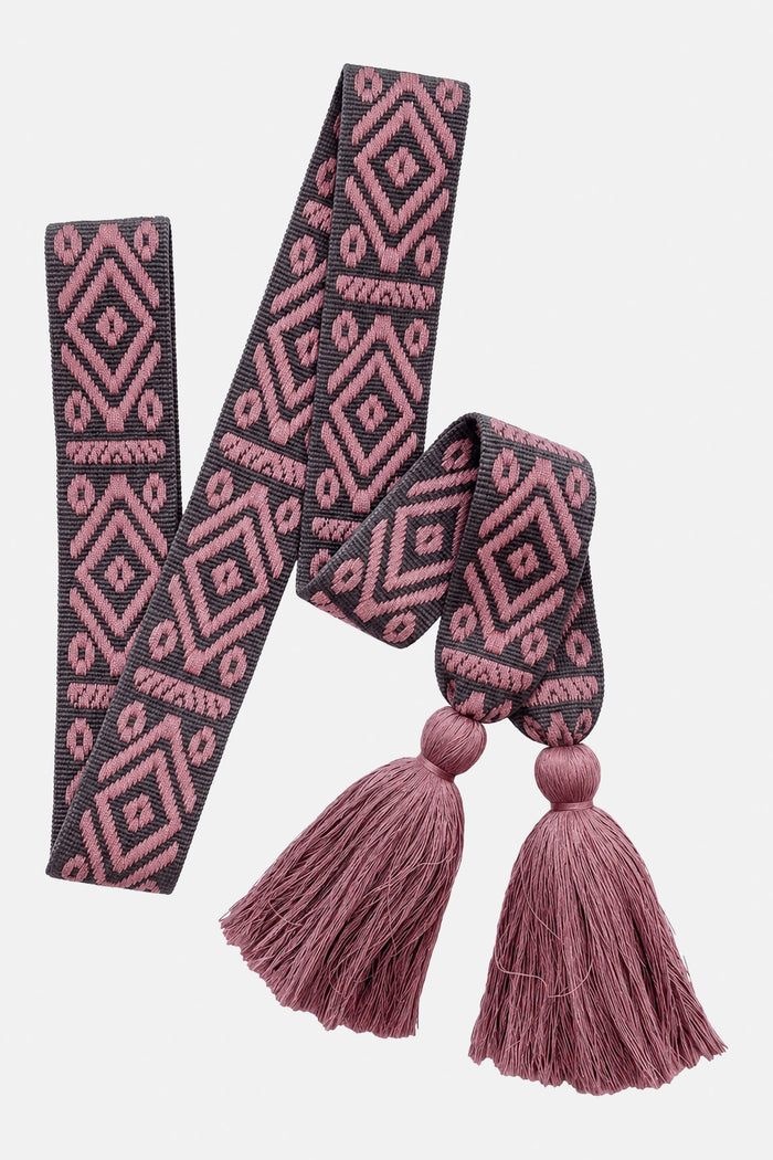 WOVEN BELT WITH TASSELS "AZTEK" GREY/DUSTY PINK