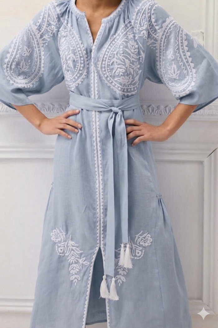 MIDI EMBROIDERED LINEN DRESS "ARETI" DUSTY BLUE