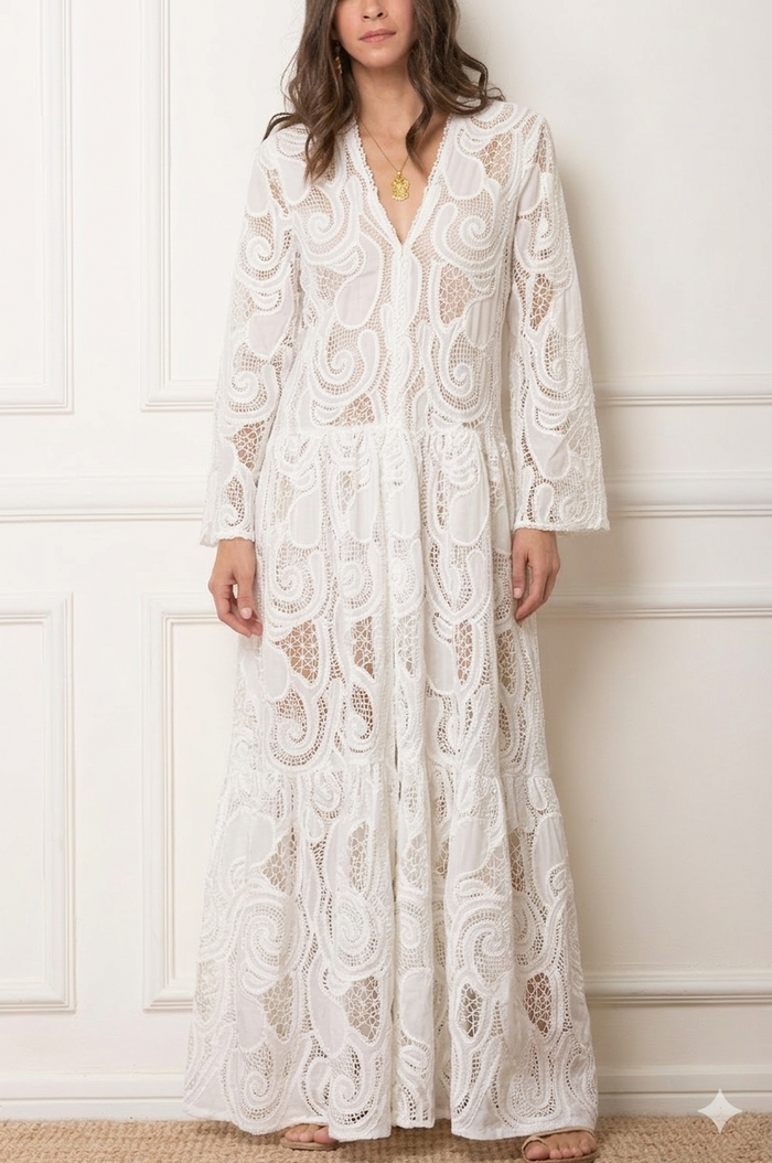 LONG TRANSPARENT COTTON LACE DRESS "DELIA" WHITE