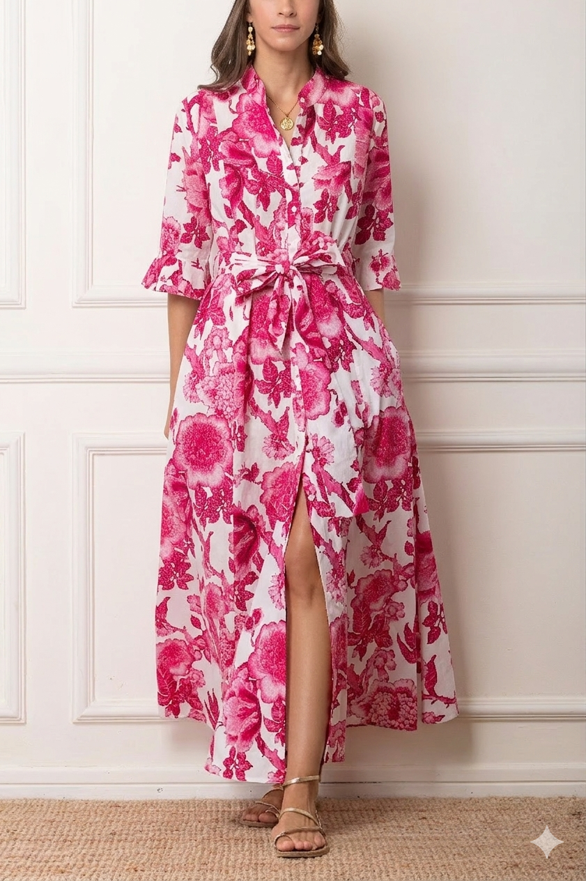 OVERSIZED LONG COTTON DRESS "LITO" WHITE/PINK