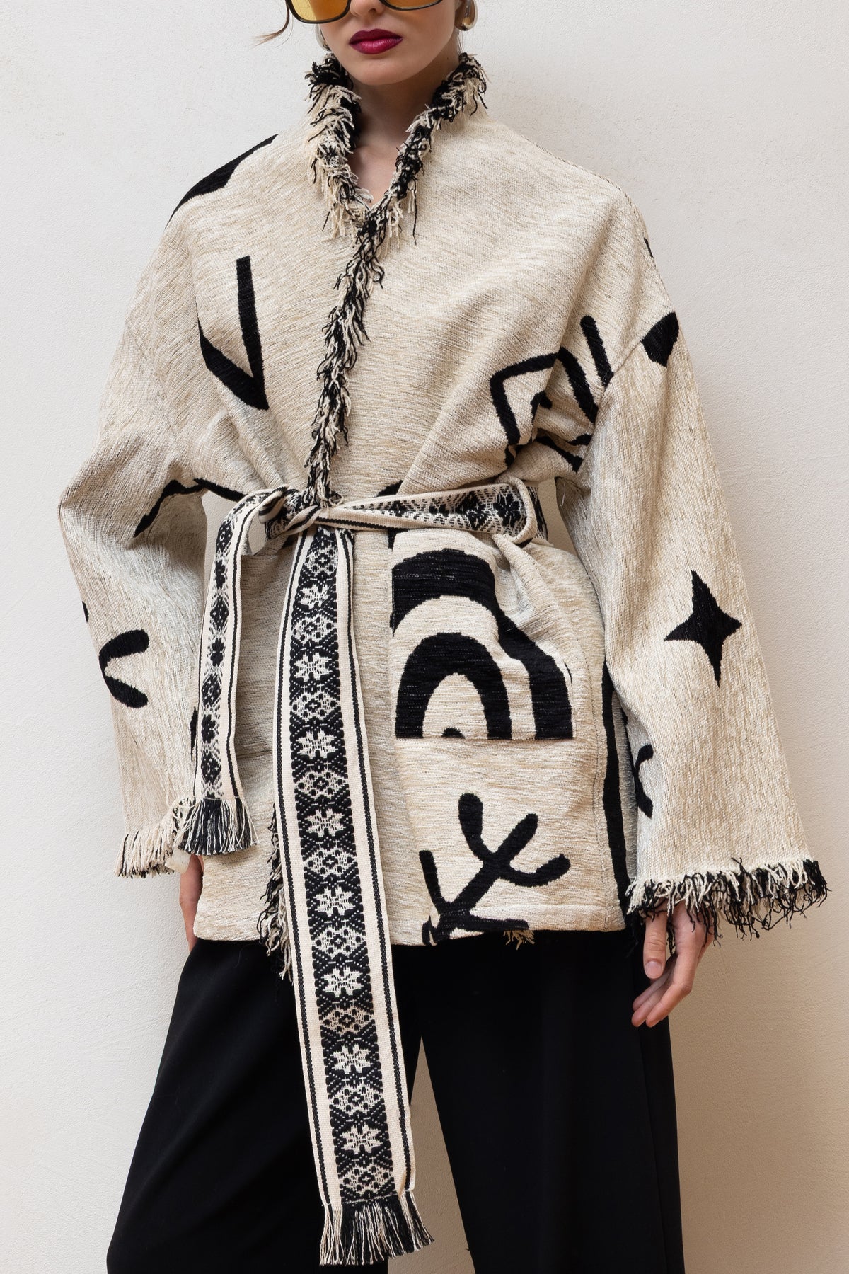 JACQUARD KIMONO JACKET "HESTIA" ECRU/BLACK