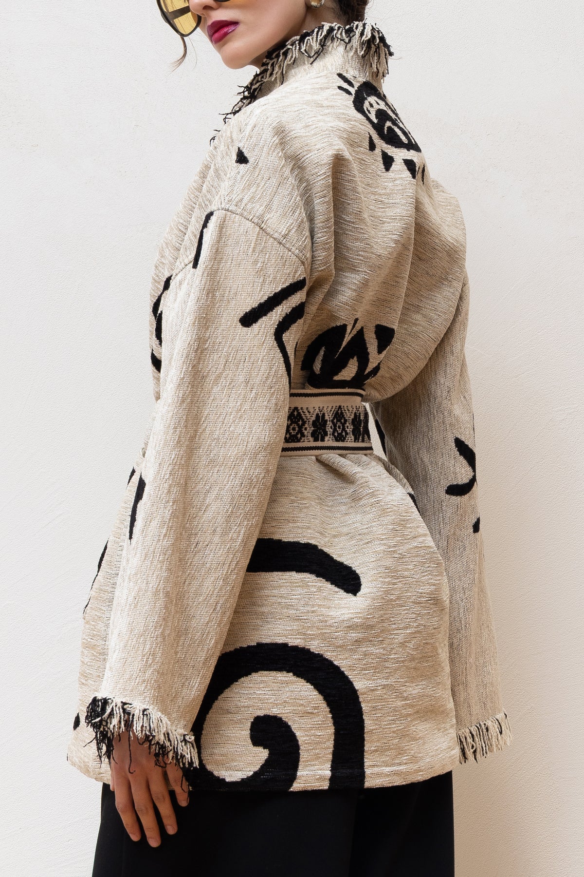 JACQUARD KIMONO JACKET "HESTIA" ECRU/BLACK