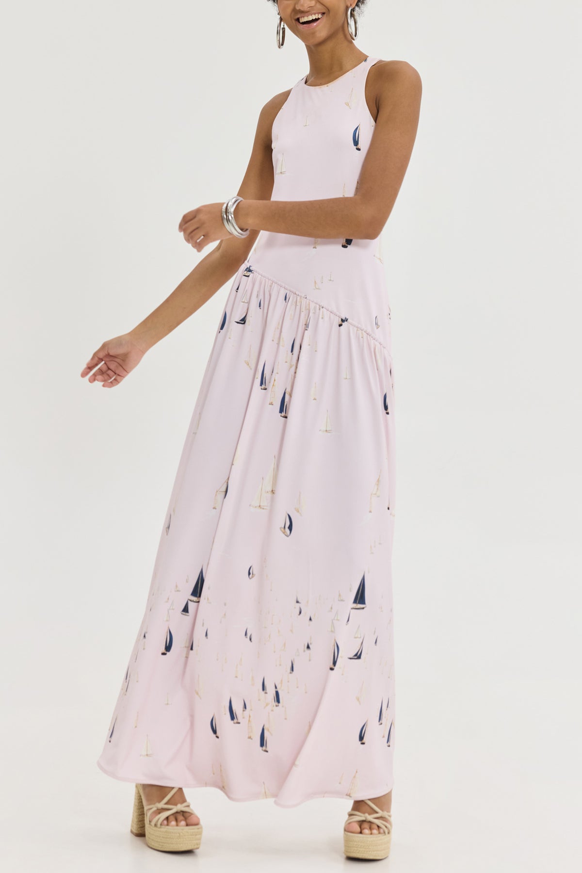 LONG SLEEVELESS DRESS "HILDA" PALE PINK/BOATS