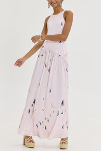LONG SLEEVELESS DRESS "HILDA" PALE PINK/BOATS