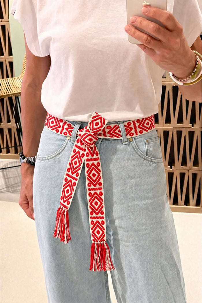 WOVEN BELT "AZTEK" ECRU/HOT RED