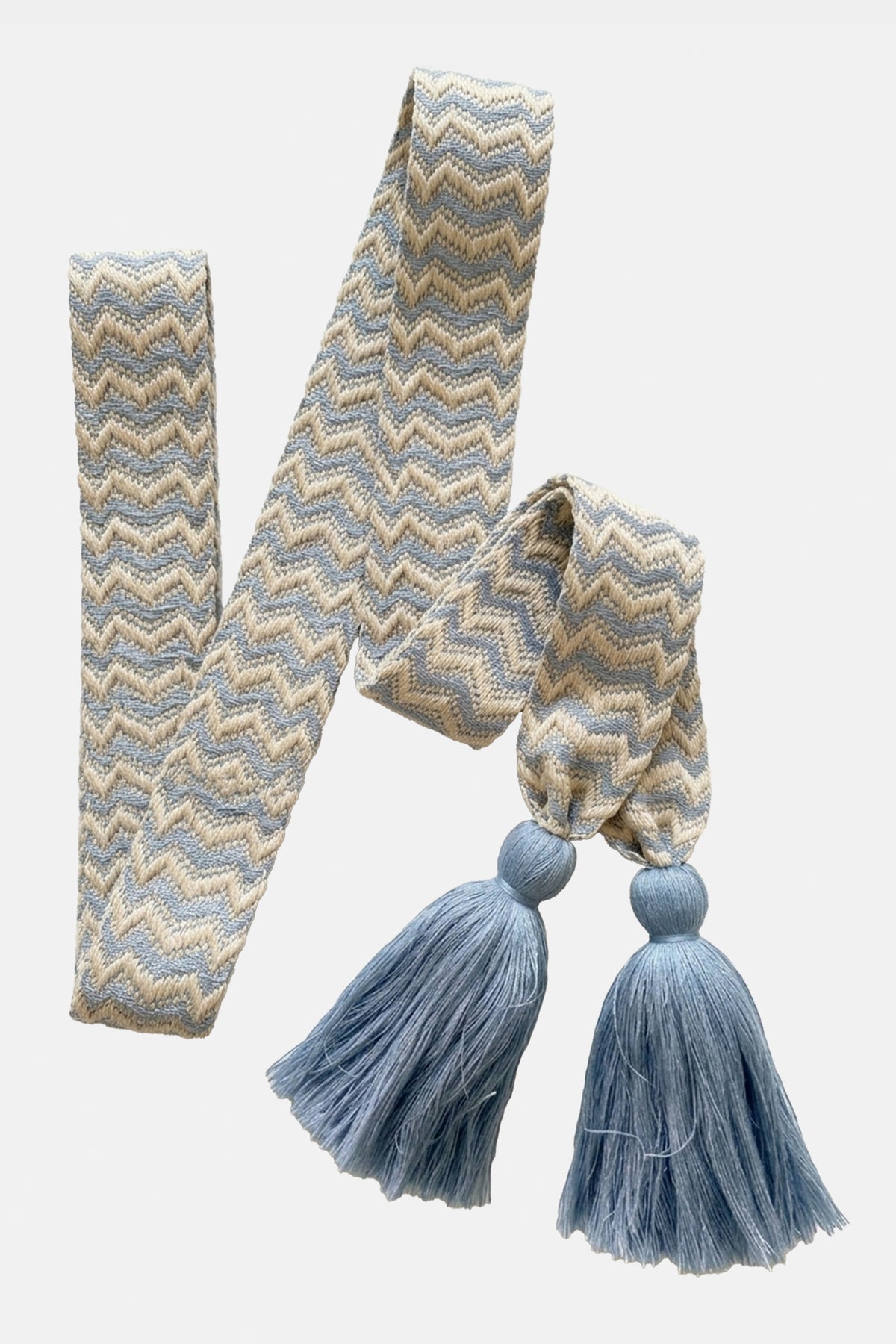 WOVEN BELT WITH TASSELS "CHEVRON" ICE BLUE/ECRU