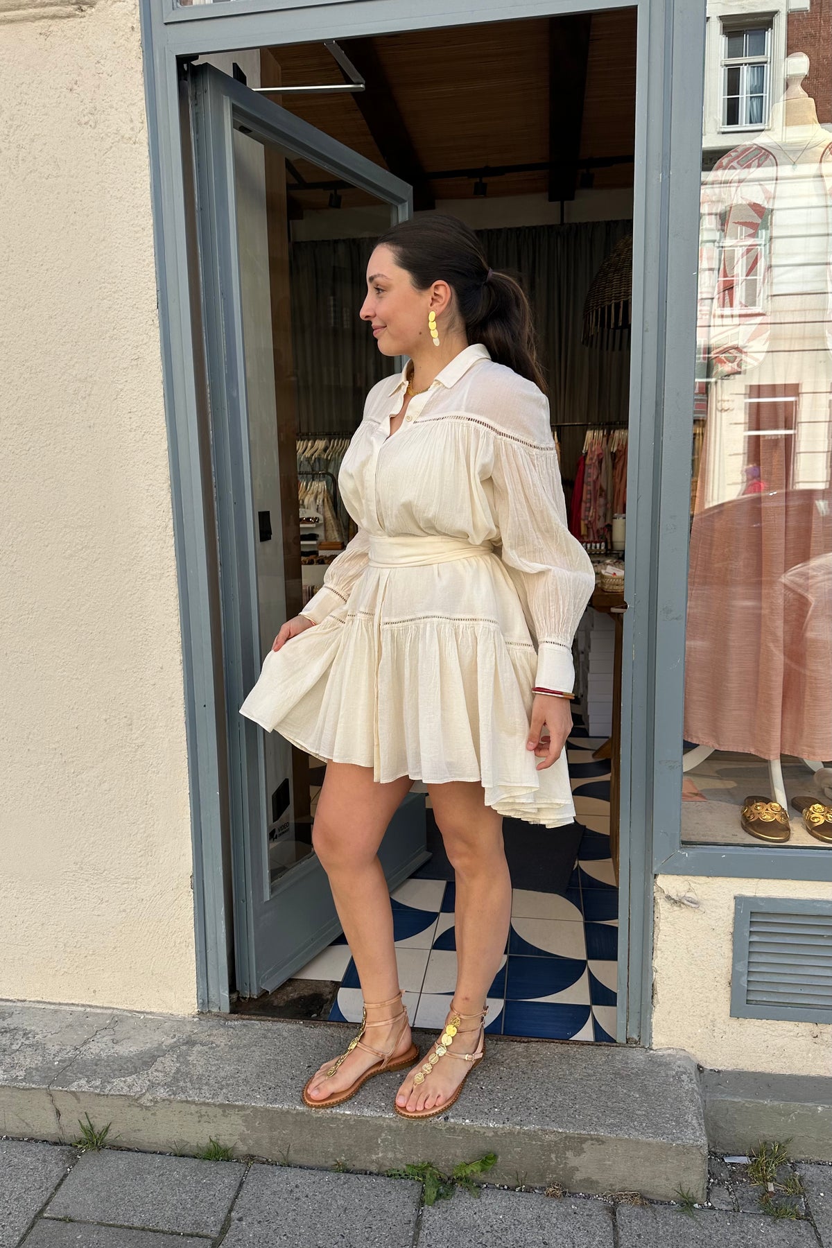SHORT OVERSIZED GAUZE DRESS WITH BELT OFFWHITE