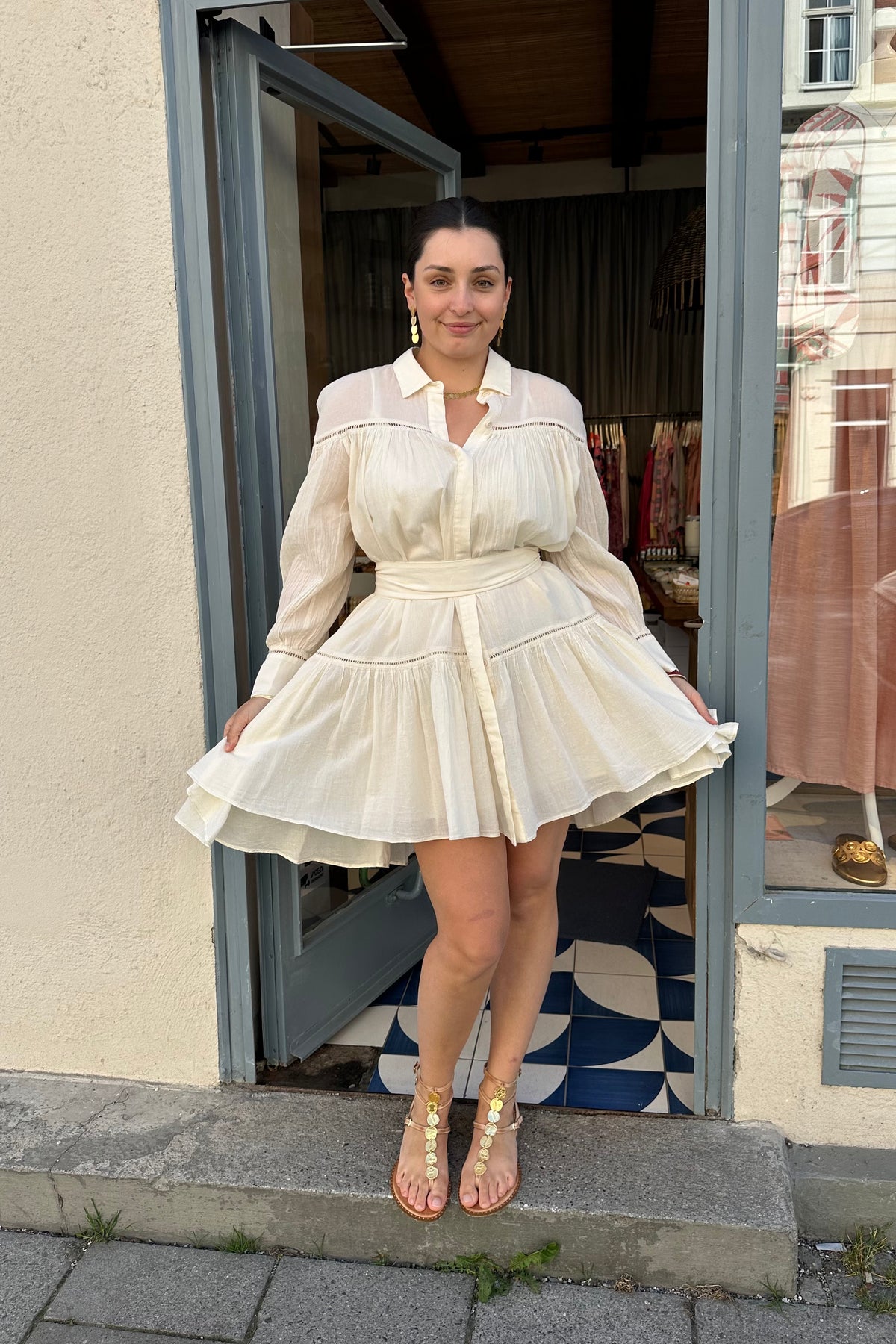 SHORT OVERSIZED GAUZE DRESS WITH BELT OFFWHITE