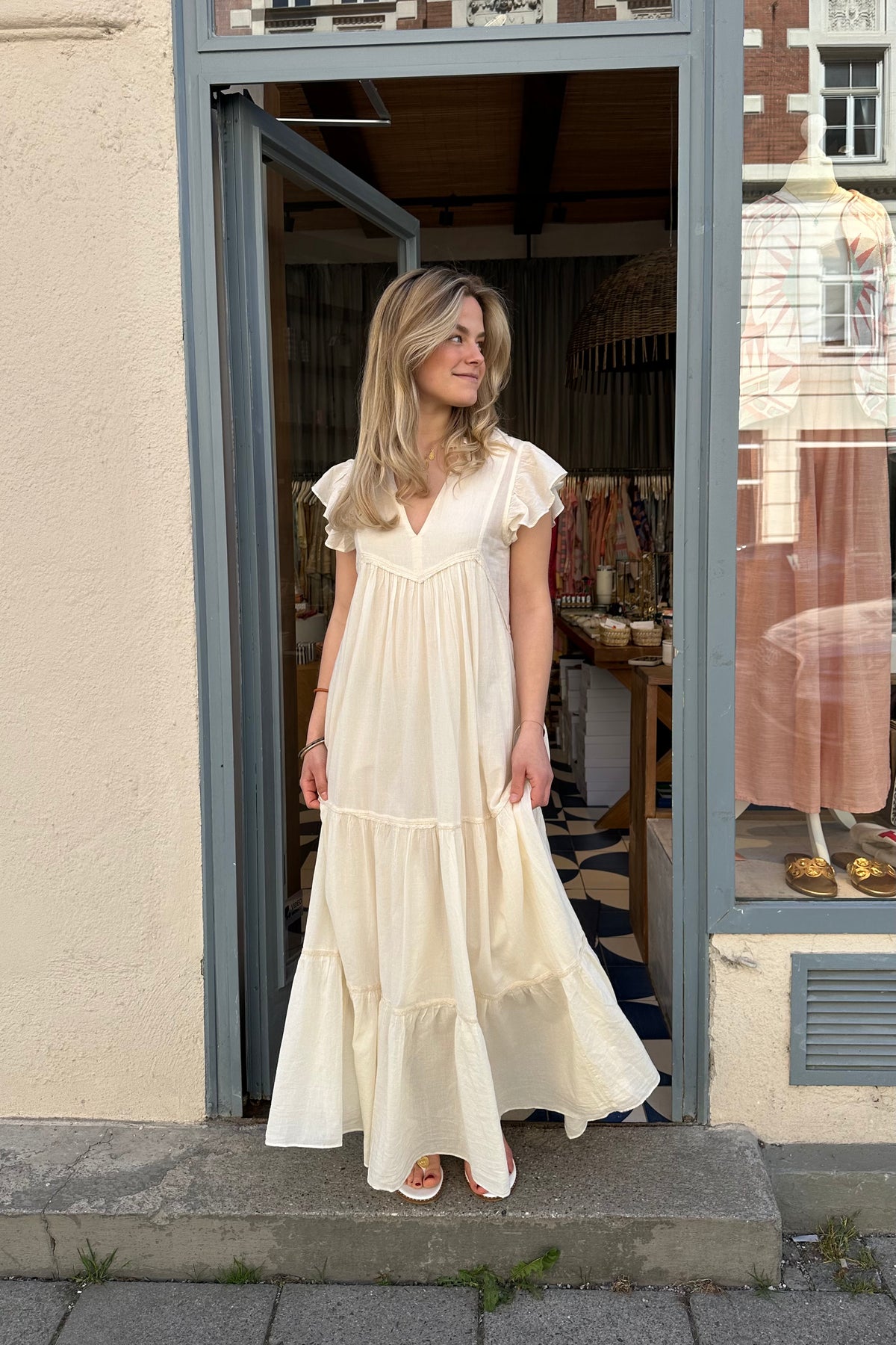 LONG COTTON LACE GAZE DRESS "REVERIE" OFFWHITE