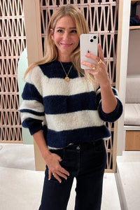 MOHAIR KNIT PULLOVER "STRIPES" BLUE/OFF WHITE