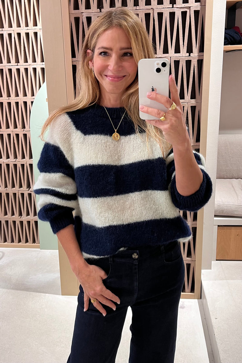 MOHAIR KNIT PULLOVER "STRIPES" BLUE/OFF WHITE