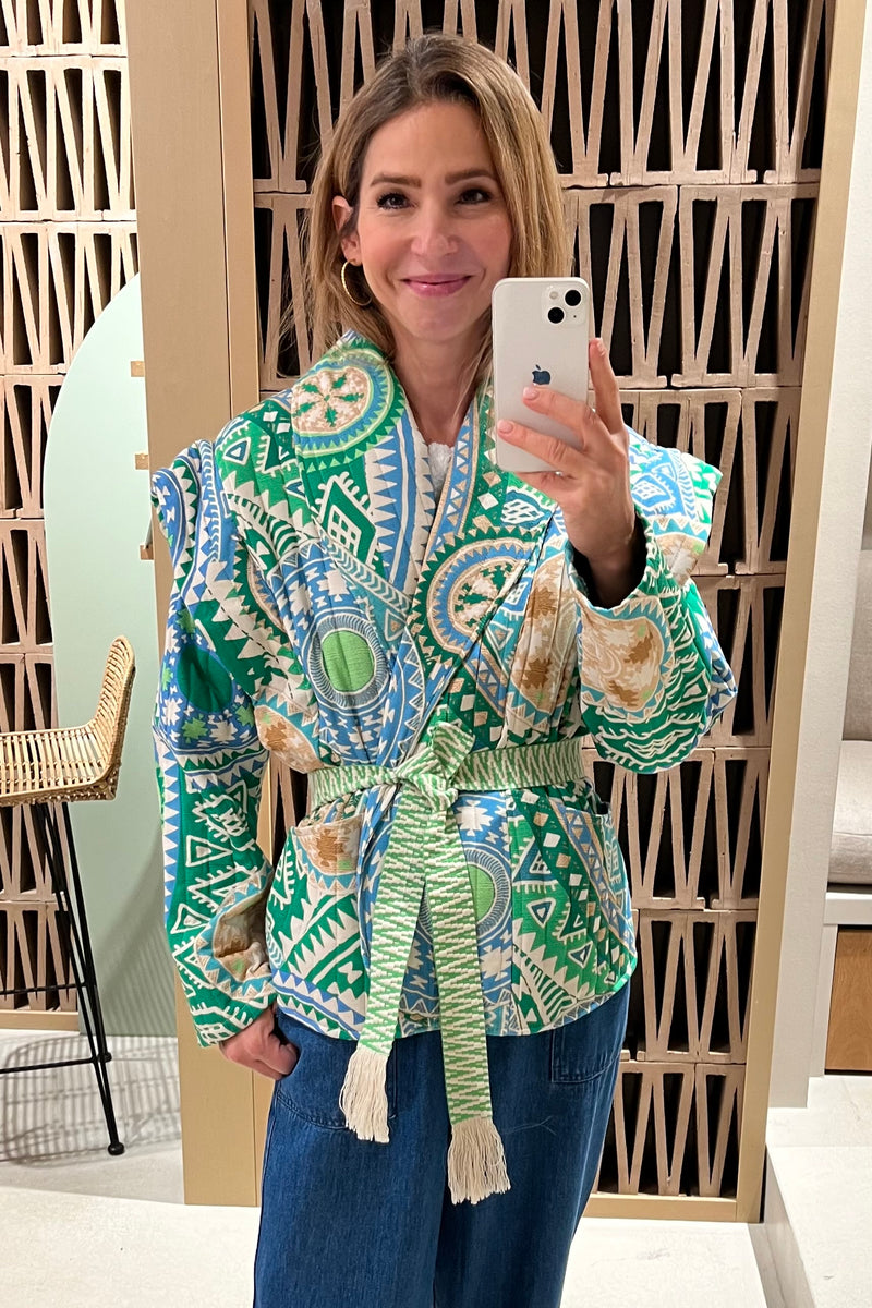 PADDED VISCOSE JACKET "IKAT" GREEN/BLUE