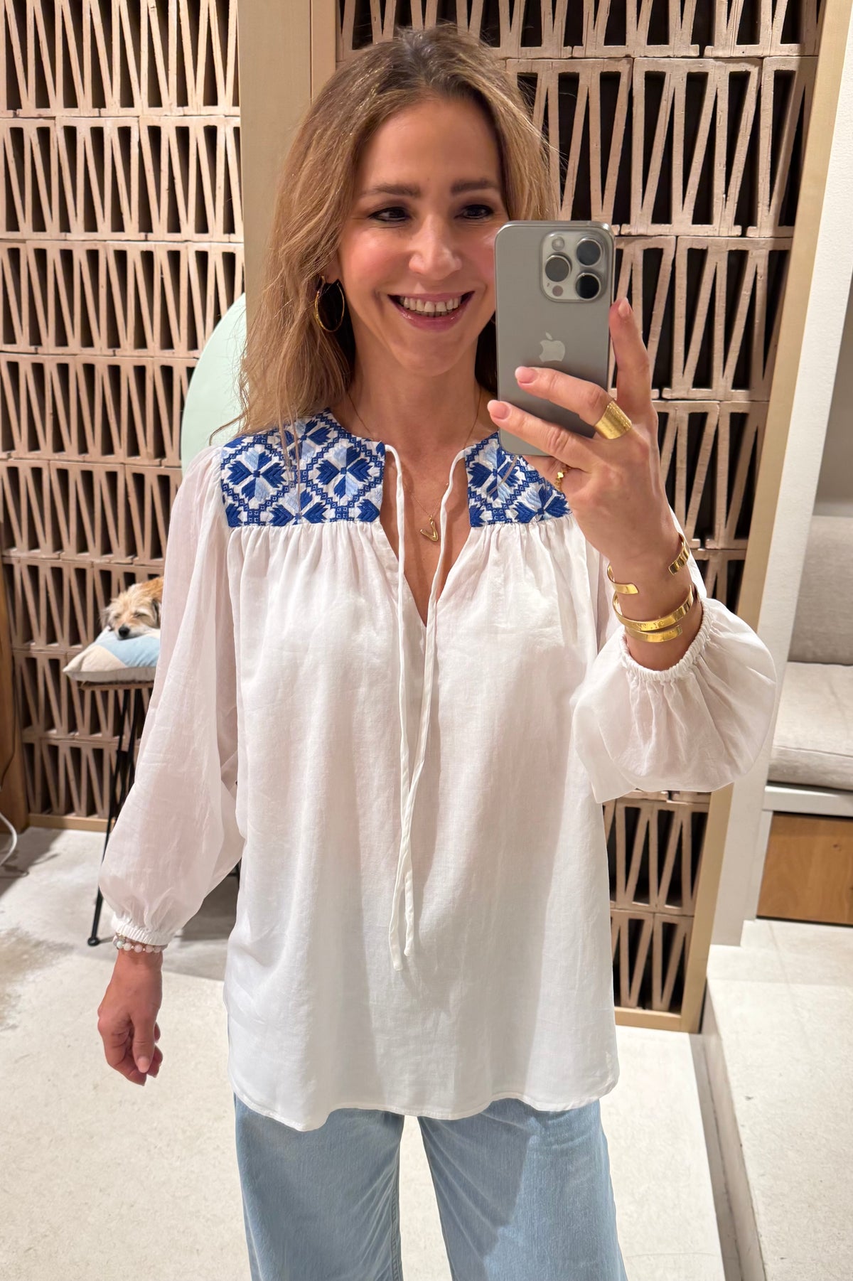 COTTON BLOUSE "FLAKES" WHITE/BLUE/CIEL