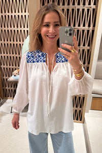 COTTON BLOUSE "FLAKES" WHITE/BLUE/CIEL