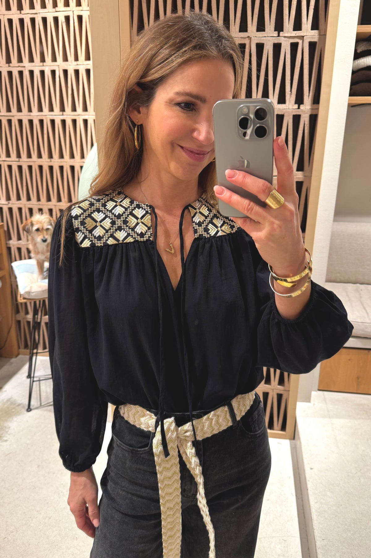 COTTON BLOUSE "FLAKES" BLACK/GOLD/CHAMPAGNE