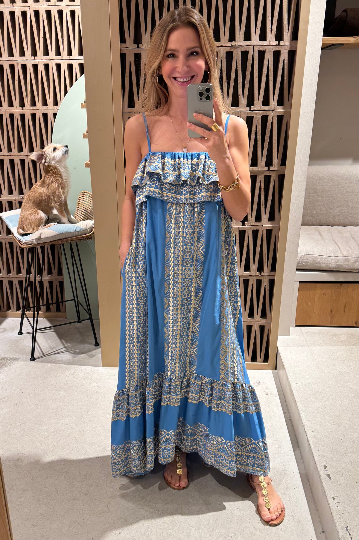 STRAPPY MIDI COTTON DRESS WITH RUFFLES "EMBROIDERED" BLUE RAF/GOLD