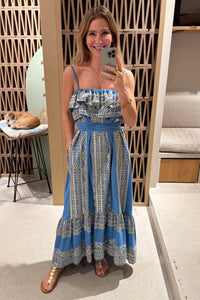 STRAPPY MIDI COTTON DRESS WITH RUFFLES "EMBROIDERED" BLUE RAF/GOLD