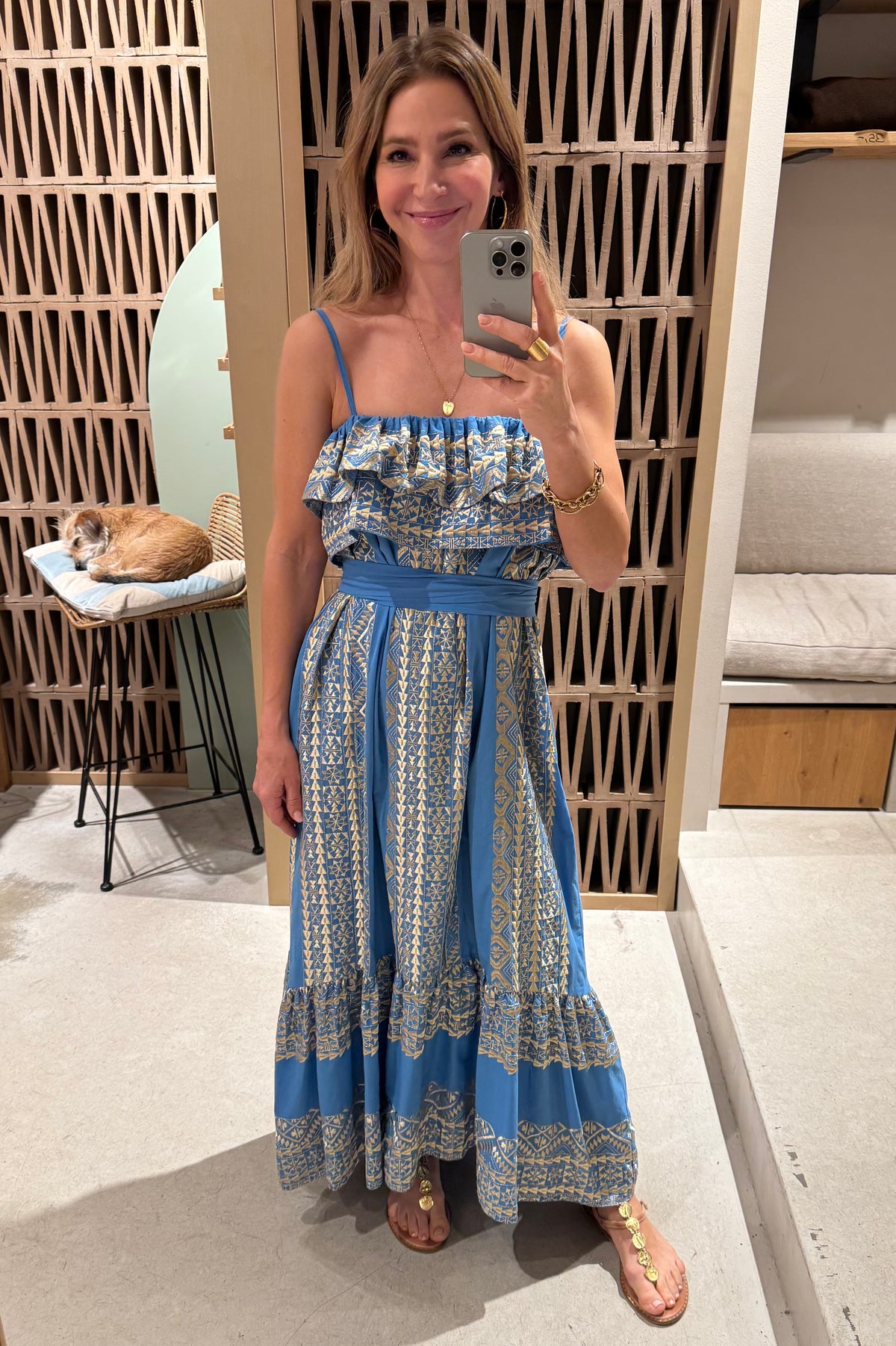 STRAPPY MIDI COTTON DRESS WITH RUFFLES "EMBROIDERED" BLUE RAF/GOLD