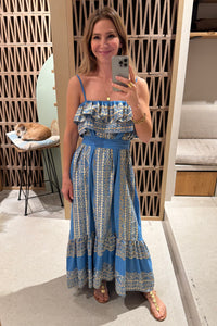 STRAPPY MIDI COTTON DRESS WITH RUFFLES "EMBROIDERED" BLUE RAF/GOLD