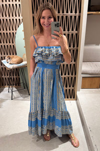 STRAPPY MIDI COTTON DRESS WITH RUFFLES "EMBROIDERED" BLUE RAF/GOLD