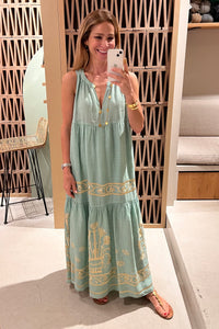 LONG SLEEVELESS RAMIE DRESS "CRETE" SEA GREEN/GOLD