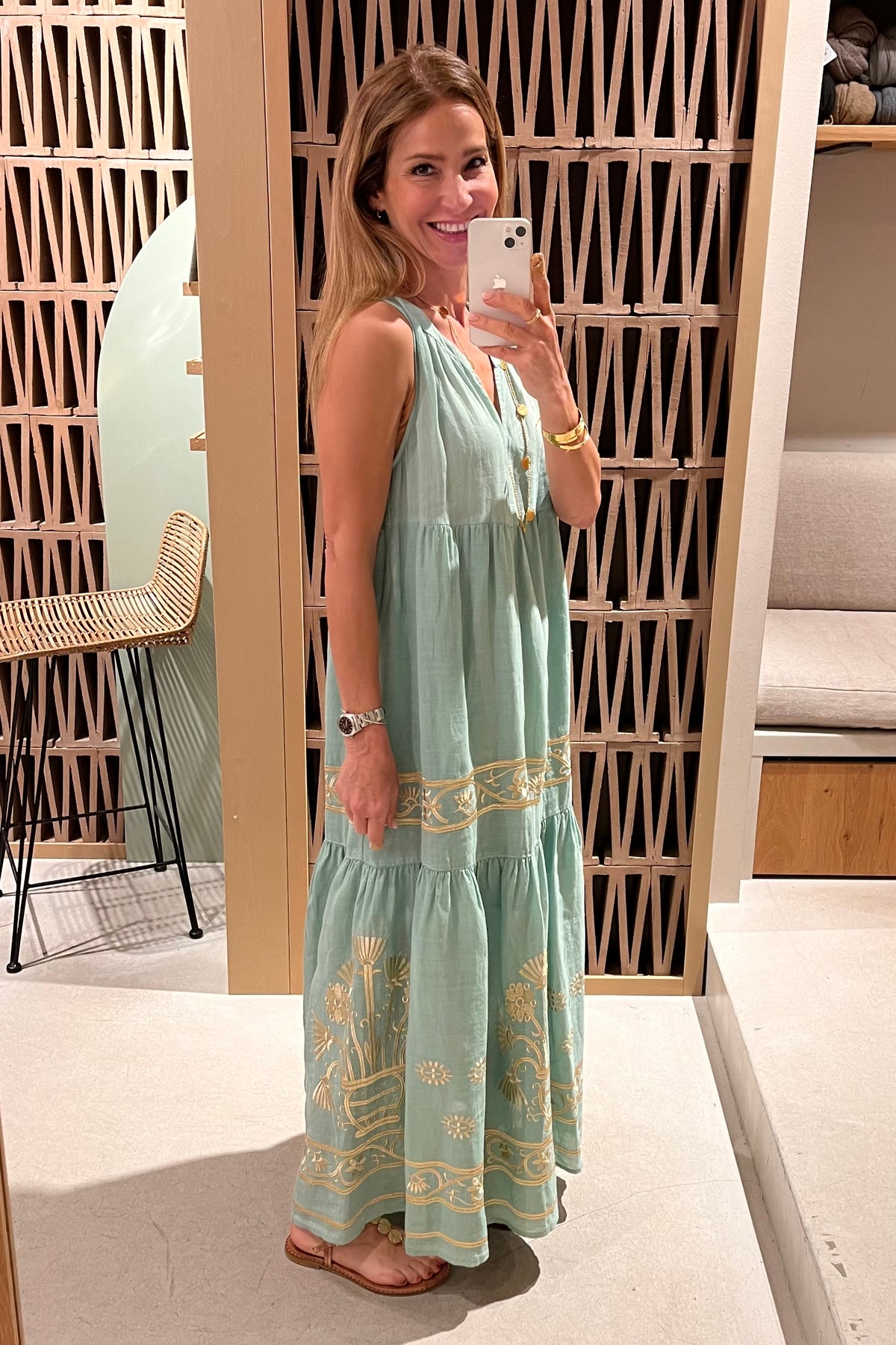 LONG SLEEVELESS RAMIE DRESS "CRETE" SEA GREEN/GOLD