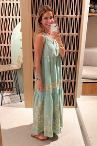 LONG SLEEVELESS RAMIE DRESS "CRETE" SEA GREEN/GOLD