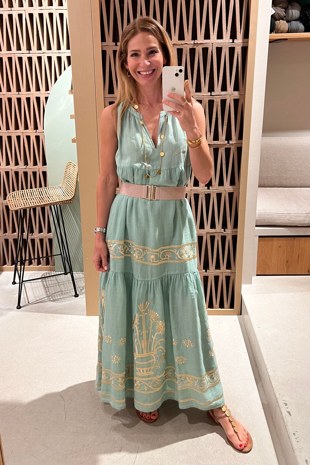 LONG SLEEVELESS RAMIE DRESS "CRETE" SEA GREEN/GOLD